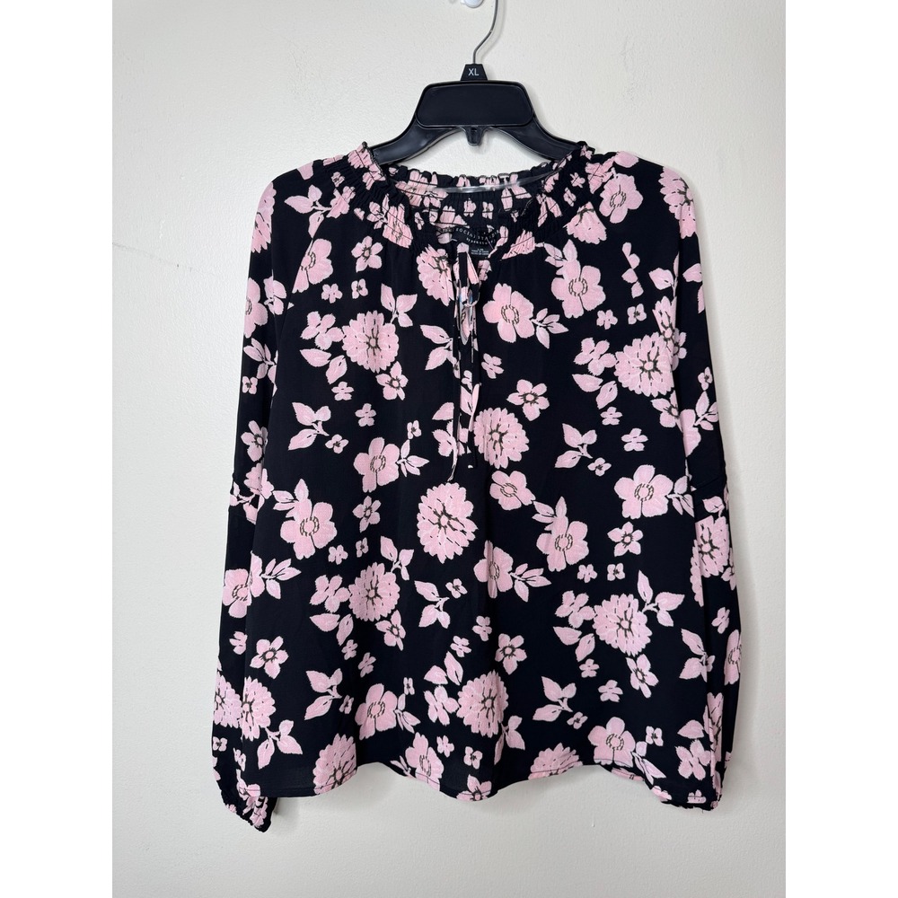 Social Standard by Sanctuary Tallie Peasant Top Black Pink Floral Blouse